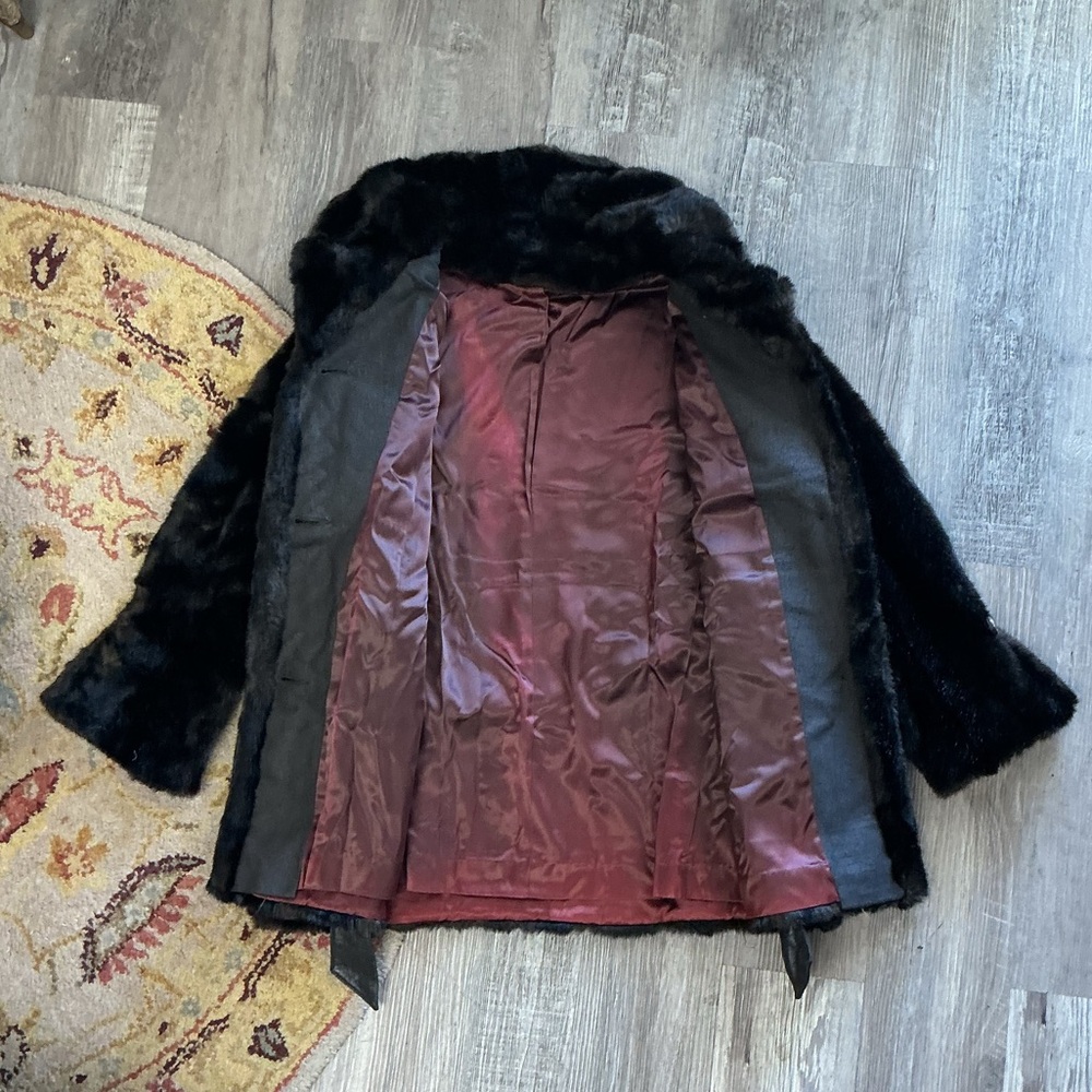Vintage 50s 60s Chocolate Brown Faux Fur Coat Ornate Buttons + Leather Waist Tie - Picture 13 of 13